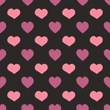 A pattern of pink hearts on a black background for use in holiday design Stock Illustration