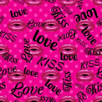 Pattern with pink kissing lips and type Ilustração Stock