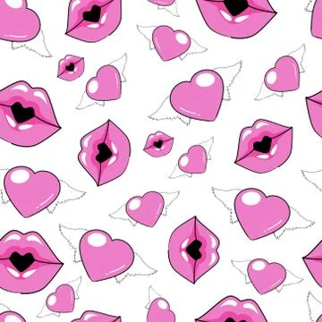 Pattern with pink lips and hearts Stock Illustration