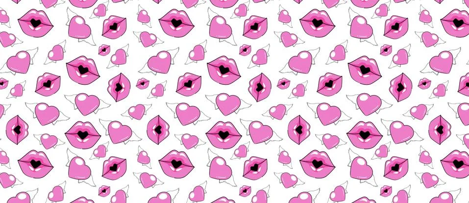 Pattern with pink lips and hearts Stock Illustration
