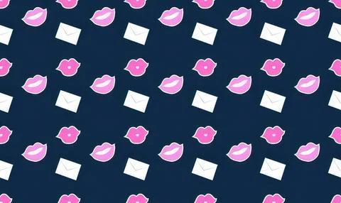 Pattern of pink lips and white squares on dark background Stock Illustration