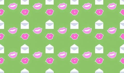 Pattern of pink lips and white envelopes on green background Stock Illustration