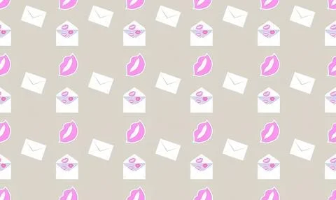 Pattern with pink lips, envelopes, and cakes on beige background Stock Illustration