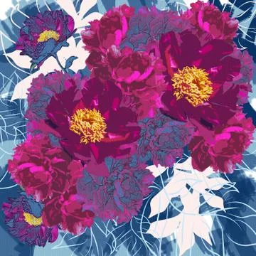 Pattern of pink peonies on abstract  blue background with leaves 库存插图