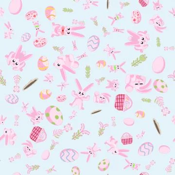 Pattern of pink rabbits flowers and Easter eggs blue background イラスト素材