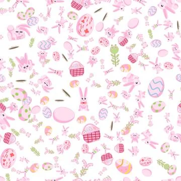 Pattern of pink rabbits flowers and Easter eggs white background Ilustración de archivo