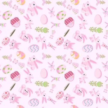 Pattern of pink rabbits flowers and Easter eggs pink background Illustrazione stock