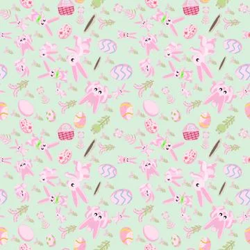 Pattern of pink rabbits flowers and Easter eggs green background 스톡 일러스트