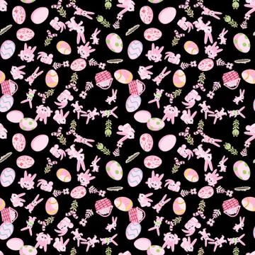 Pattern of pink rabbits flowers and Easter eggs black background 스톡 일러스트