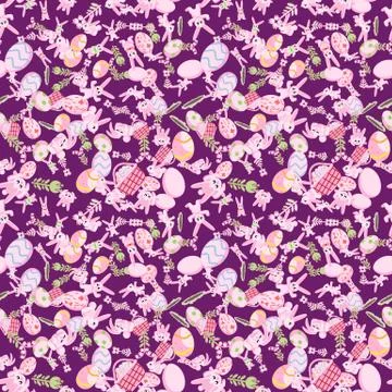 Pattern of pink rabbits flowers and Easter eggs purple background 스톡 일러스트