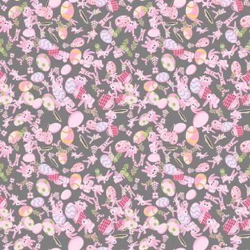 Pattern of pink rabbits flowers and Easter eggs gray background Illustrazione stock
