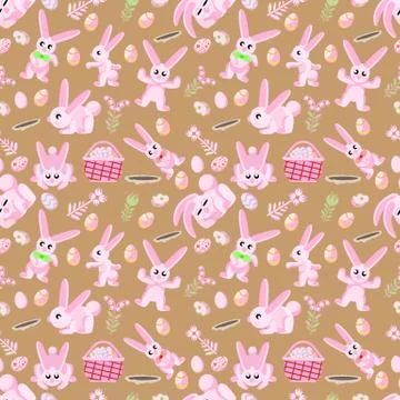 Pattern of pink rabbits flowers and Easter eggs brown background Stock Illustration