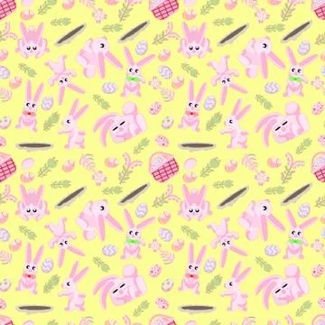 Pattern of pink rabbits flowers and Easter eggs yellow background 스톡 일러스트
