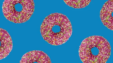 Pattern with pink rotating doughnuts on blue background. Minimal motion graphiс Stock Footage 147551263