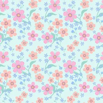 A pattern with pink, scarlet and small blue flowers with green stems on a t.. Stock Illustration