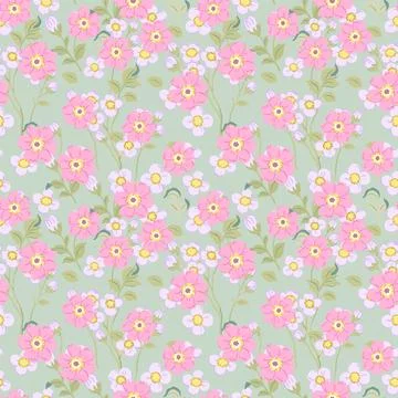 A pattern with pink small light pink flowers with green leaves on a light gre Stock Illustration