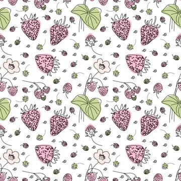 Pattern. Pink strawberries, berries, flowers, leaves Illustrazione stock