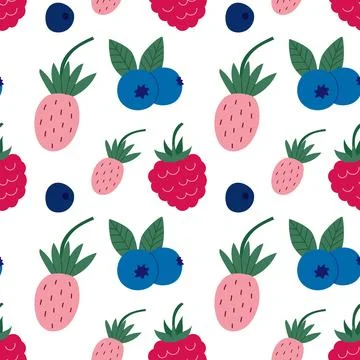 Pattern of pink strawberries, red raspberries, and blue blueberries Stock Illustration