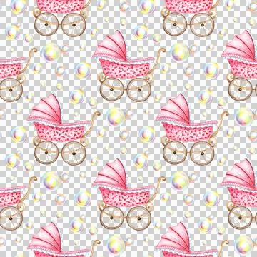 Pattern pink stroller and soap bubbles watercolor Stockillustratie