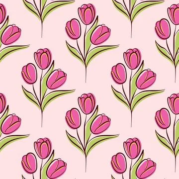 Pattern with pink tulip flower in flat style. Floral pattern for textile, wall Stock Illustration