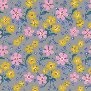 A pattern with pink, yellow and small blue flowers with green stamps on a gra Stock Illustration