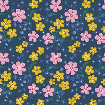 A pattern with pink, yellow and small blue flowers with green leaves on a b.. Stock Illustration