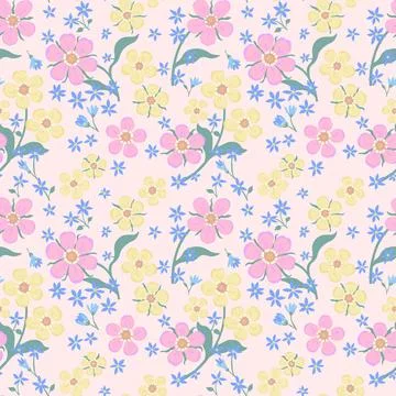 Pattern with pink, yellow and small blue flowers with green stems on a soft.. Stock Illustration