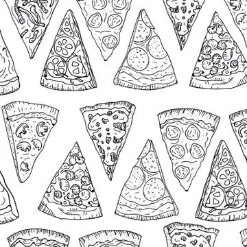 Pattern pizza slices hand drawing in doodle style isolated on white background Stock Illustration