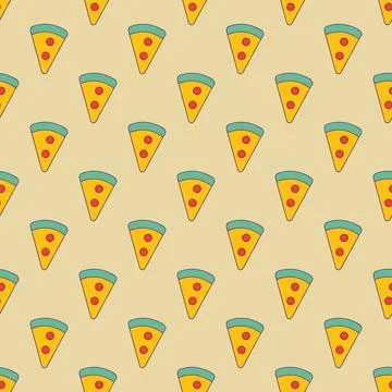 A pattern of pizza slices is shown in various sizes and orientations Stock Illustration