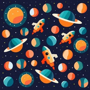 A pattern of planets and rockets in space. Stock Illustration