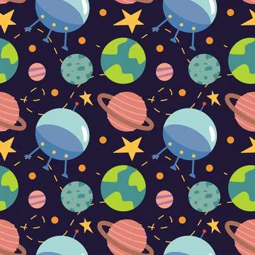 Pattern with planets, rockets, stars, comets, spaceships in cartoon style Stock Illustration