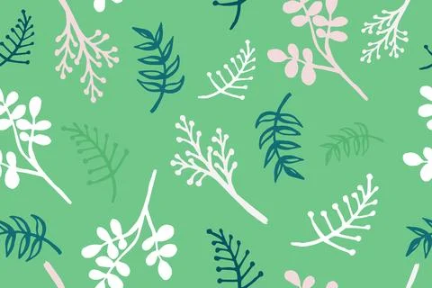 Pattern with plants, green background. Spring colorful herbal pattern. Stock Illustration