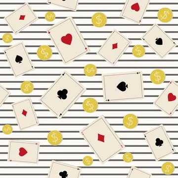 Pattern of playing cards with gold coins on a striped background, color vecto Stock Illustration
