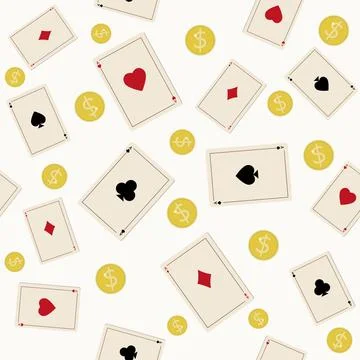 Pattern of playing cards with gold coins on a white background, color vector  Stock Illustration