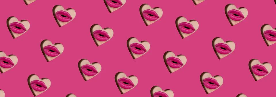 Pattern plump lips, painted pink lipstick. Lips in a hole in the form of a h Foto stock