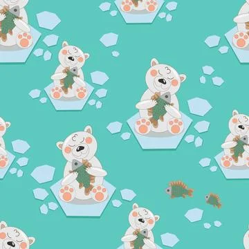 Pattern a polar bear cub with fish on an ice floe Stock Illustration
