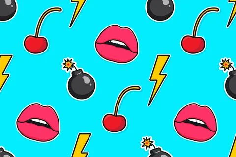 Pattern of pop art elements. Lips and lightning, cherry and bomb. Pop art Stock Illustration
