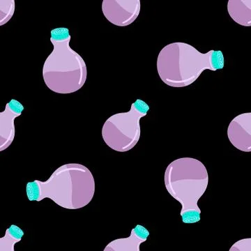 Pattern with potion bottles on a black background Stock Illustration