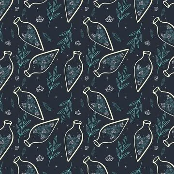 Pattern potion crystals magic bottle witchcraft magic, doodle boho style. Stock Illustration