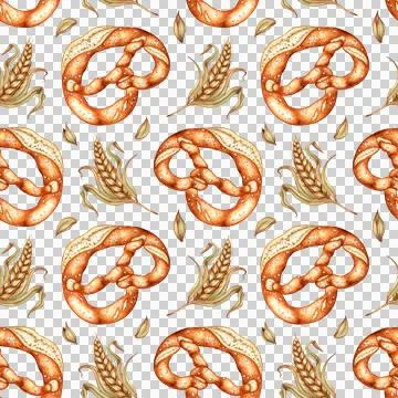 Pattern pretzel and ear of wheat watercolor Stock Illustration