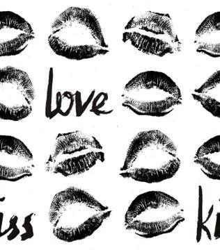 Pattern prints of female lips, lipstick, contrast black , tender and sensitive Illustrazione stock