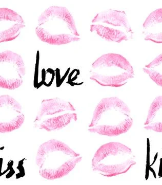 Pattern prints of pink female lips, lipstick, pink with hand drawn lettering Stock-Illustration
