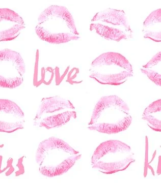 Pattern prints of pink female lips, lipstick, pink with hand drawn lettering Stock Illustration