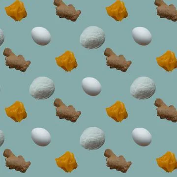 Pattern with products for gingerbread, flour, eggs, ginger, honey. Top view Stock Photos