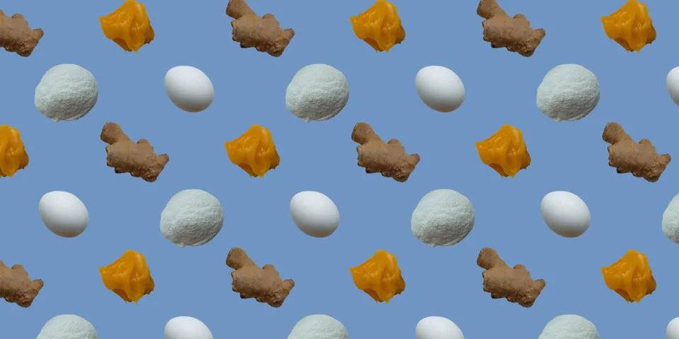 Pattern with products for gingerbread, flour, eggs, ginger, honey. Top view Stock Photos