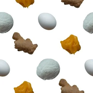 Pattern with products for gingerbread, flour, eggs, ginger, honey. Top view Stock Photos