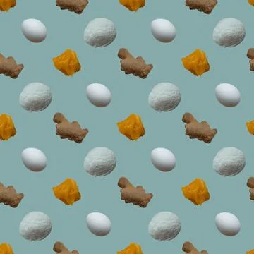 Pattern with products for gingerbread, flour, eggs, ginger, honey. Top view Stock Photos