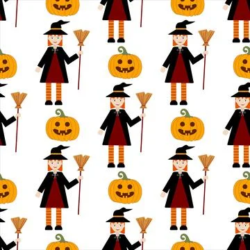 Pattern of pumpkin and witch on white background Stock Illustration