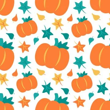 Pattern Pumpkin with Leaves on a white background. Autumn print with maple and 스톡 일러스트
