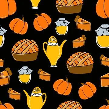 Pattern - pumpkin pie with tea, honey and pumpkins on black イラスト素材